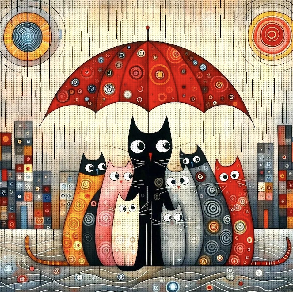 Colorful stylized cats sitting under a red patterned umbrella