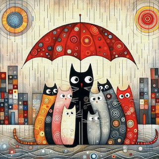 Cats Under Red Umbrella