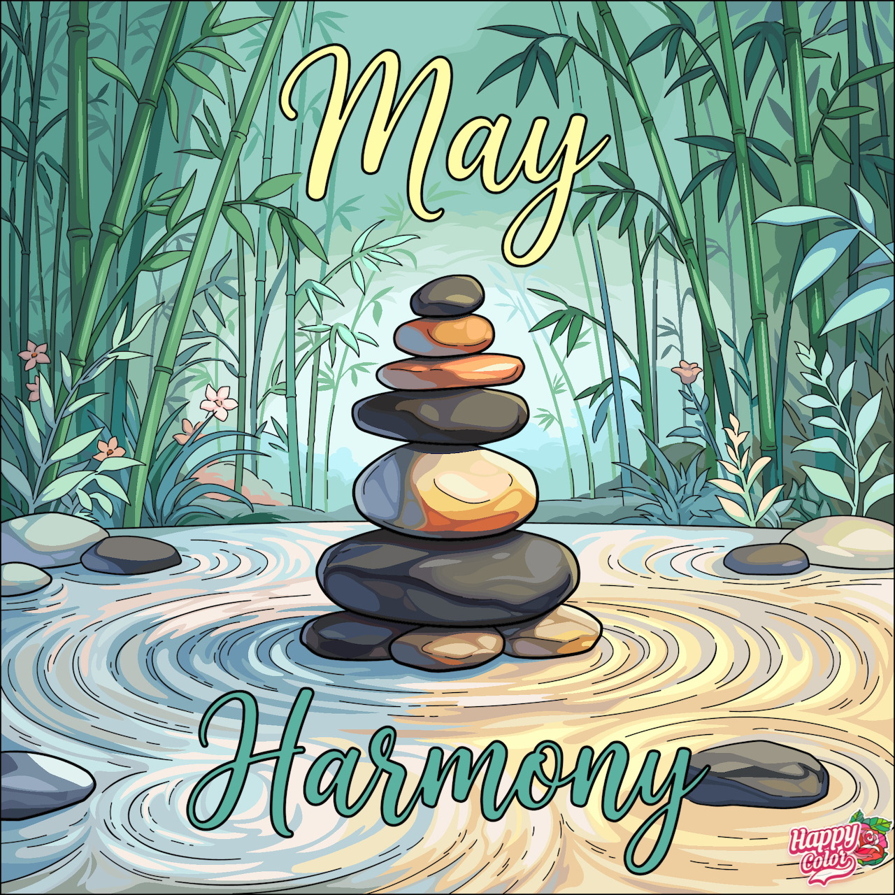 Illustration of balanced stones in a bamboo garden with rippling water and the words May Harmony