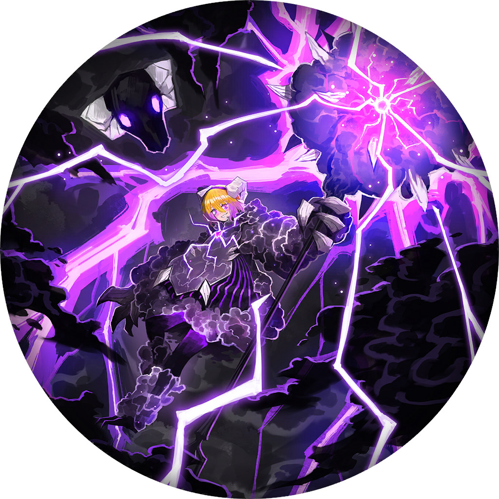 Anime armored knight character with blonde hair surrounded by purple lightning in a dark circular frame