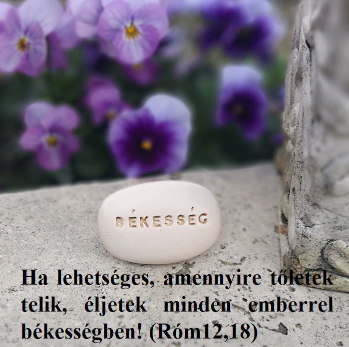White stone engraved with Hungarian word for peace, wooden post, purple pansies in soft focus background