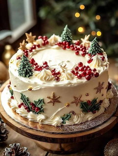 Festive Christmas cake with white frosting, cranberries, holly, star cookies, and mini trees