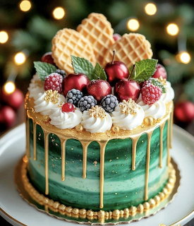 Green Christmas cake with gold drip, decorated with meringues, berries, and waffle hearts