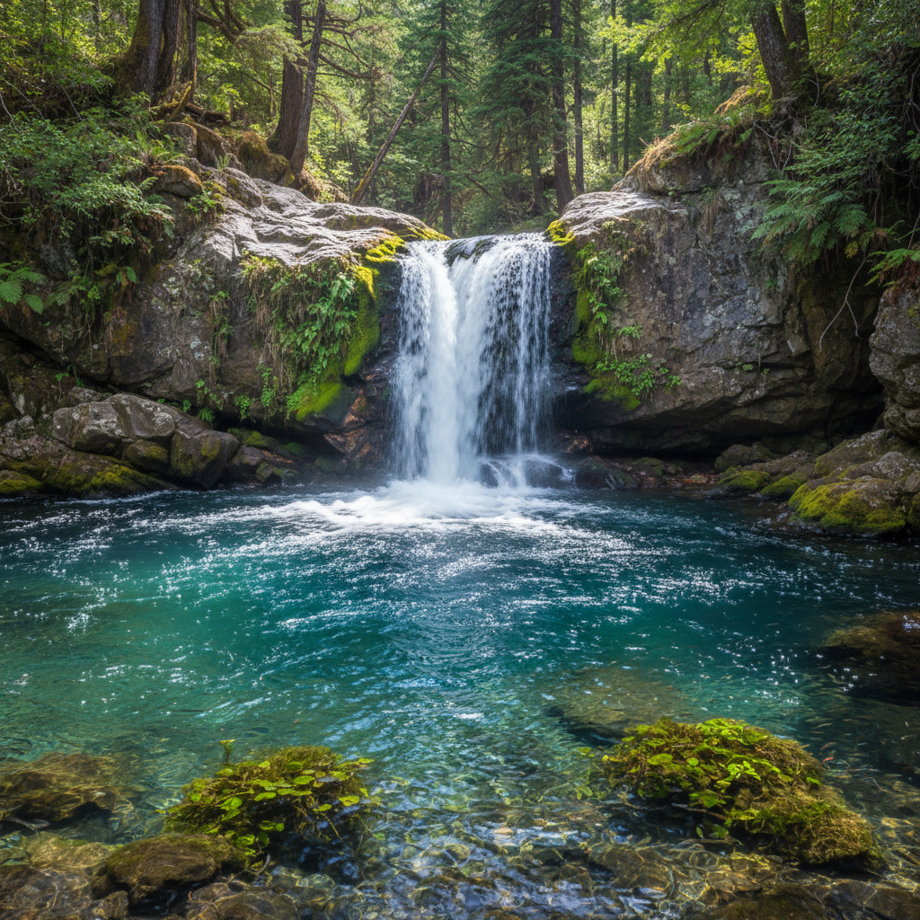 Waterfall flowing into clear turquoise pool surrounded by mossy rocks and forest
