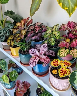 Colorful houseplants with patterned leaves in various decorative pots arranged on white shelves