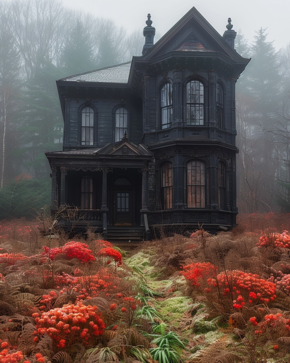 Dark Victorian gothic house with black exterior surrounded by red flowers and ferns in foggy woods
