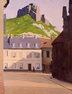 Painting of a French town with stone buildings and castle ruins on a green hill above