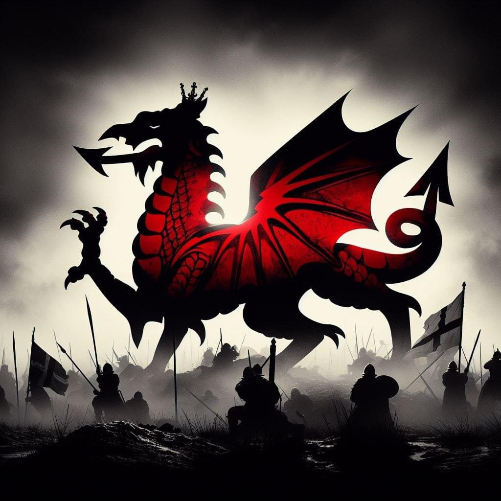 Red dragon silhouette with wings spread above silhouetted warriors holding flags in dramatic backlit scene