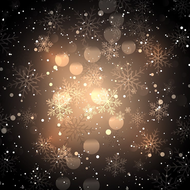 Golden snowflakes and bokeh lights on dark starry background