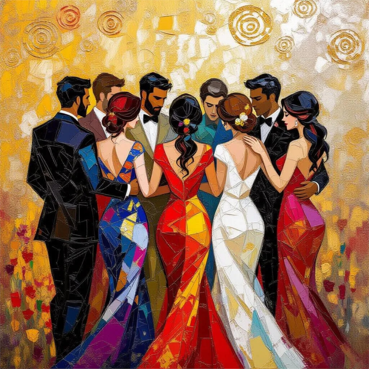 Painting of formally dressed couples at an elegant evening event with colorful gowns and warm golden background