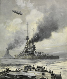 Painting of WWI-era battleship with dark smoke rising from funnels, dirigible in cloudy sky, smaller boats in foreground