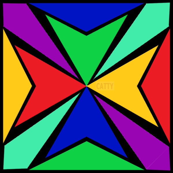 Colorful geometric star pattern with bold triangular shapes in bright colors radiating from center