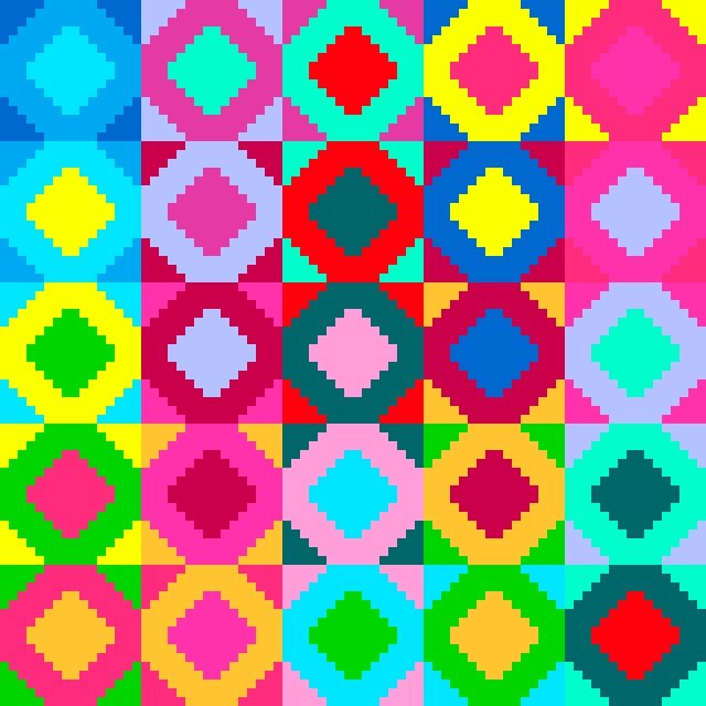 Grid of colorful squares containing diamond shapes in various bright colors