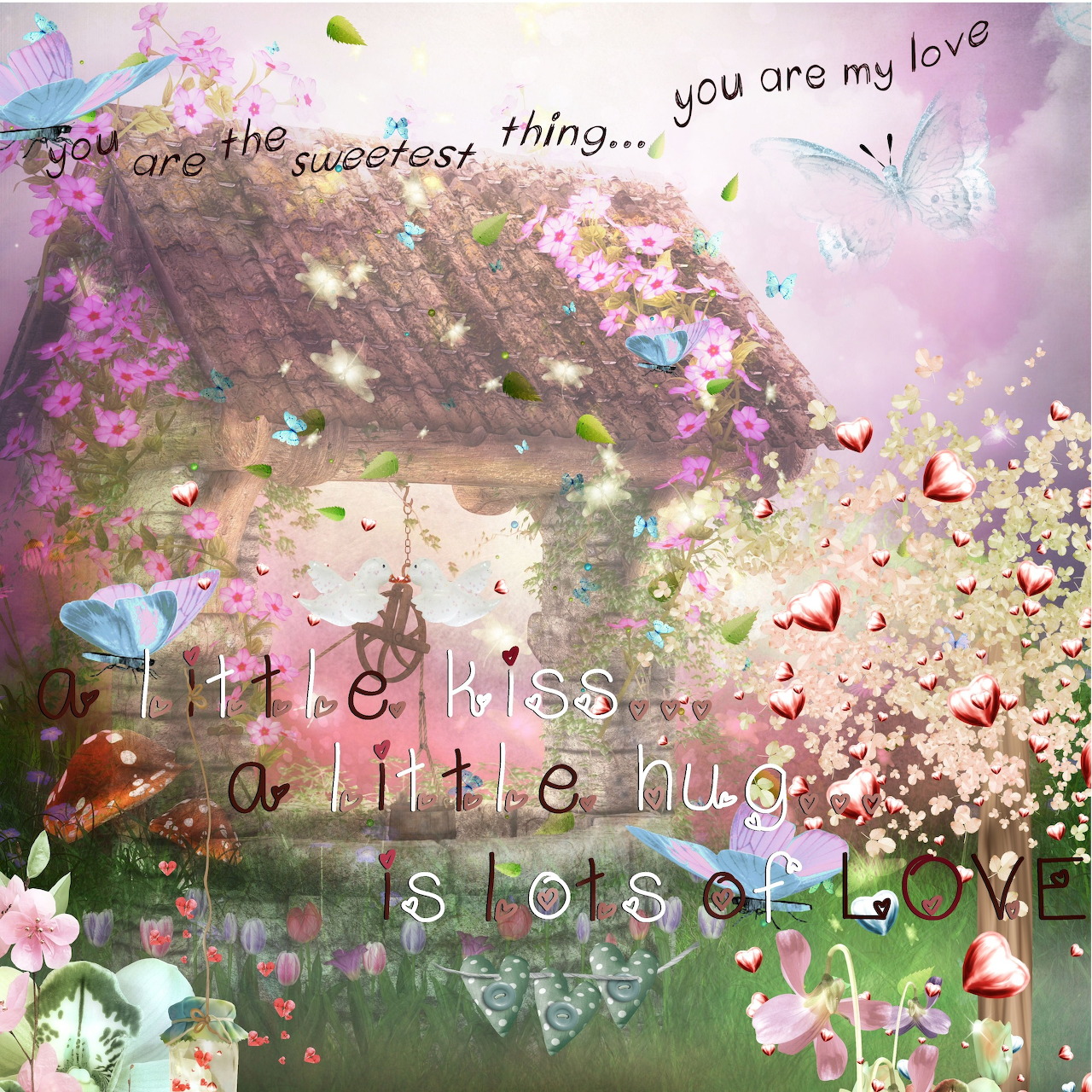 Whimsical pastel cottage covered in flowers with butterflies and blooming trees