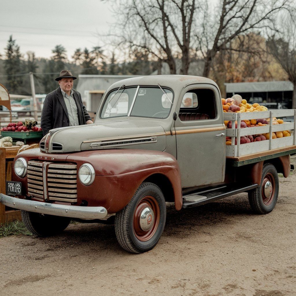 Man in cowboy hat standing next to a vintage maroon and grey Ford Mercury pickup truck with produce crates