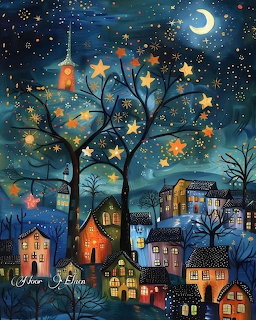 Whimsical Night Village Tree