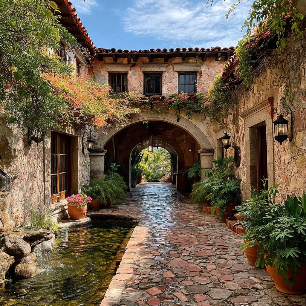 Rustic hacienda courtyard with stone archway, potted plants, and a narrow water channel