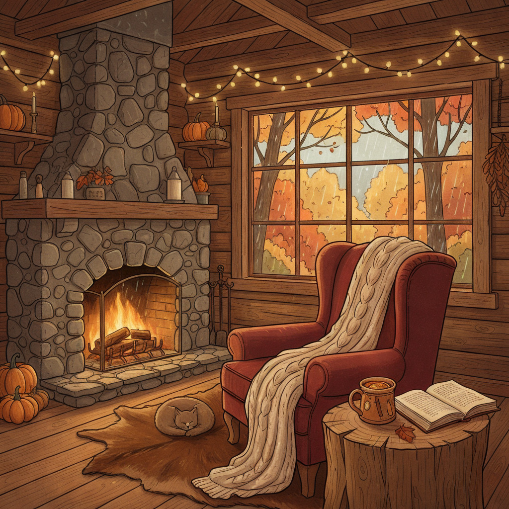 Cozy cabin interior with fireplace, armchair, autumn window view, and warm lighting