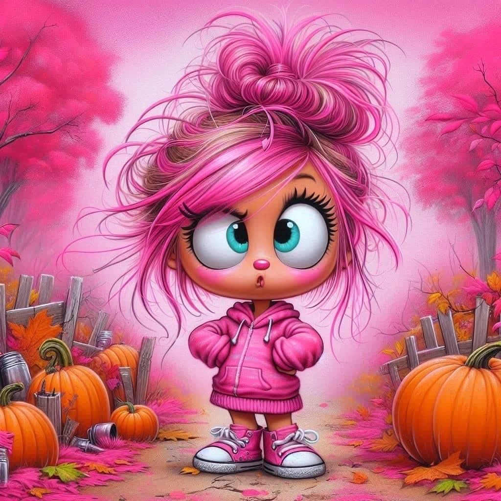 Cartoon girl with fluffy pink hair and large blue eyes in pink hoodie surrounded by orange pumpkins