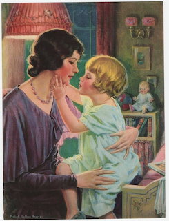 Mother holding young child in green pajamas in warm-lit room, vintage illustration style