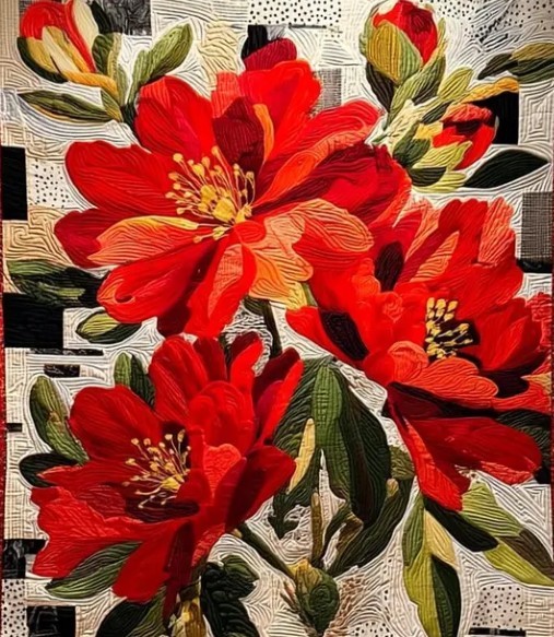 Art quilt with large red blooms, yellow stamens, green leaves on mixed-pattern background