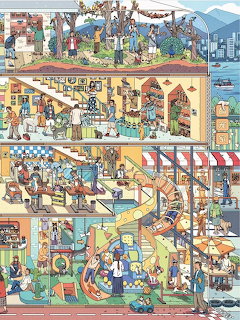 Illustrated cross-section of apartment building with multiple floors showing many people in different rooms and activities