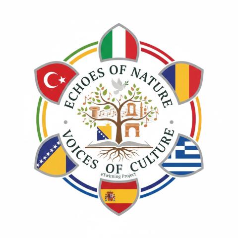 Circular logo with six country flags around a central tree design with roots and 'Echoes of Nature Voices of Culture' text