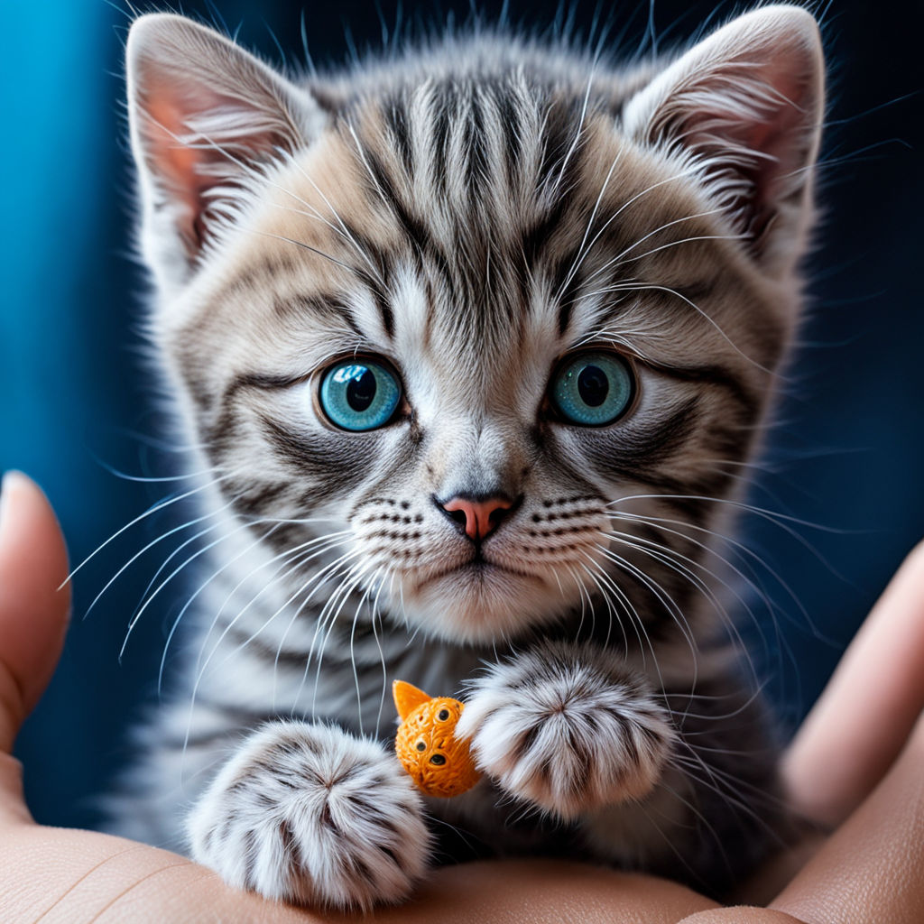 Tiny grey tabby kitten with blue-green eyes held in a hand, holding a small orange toy mouse