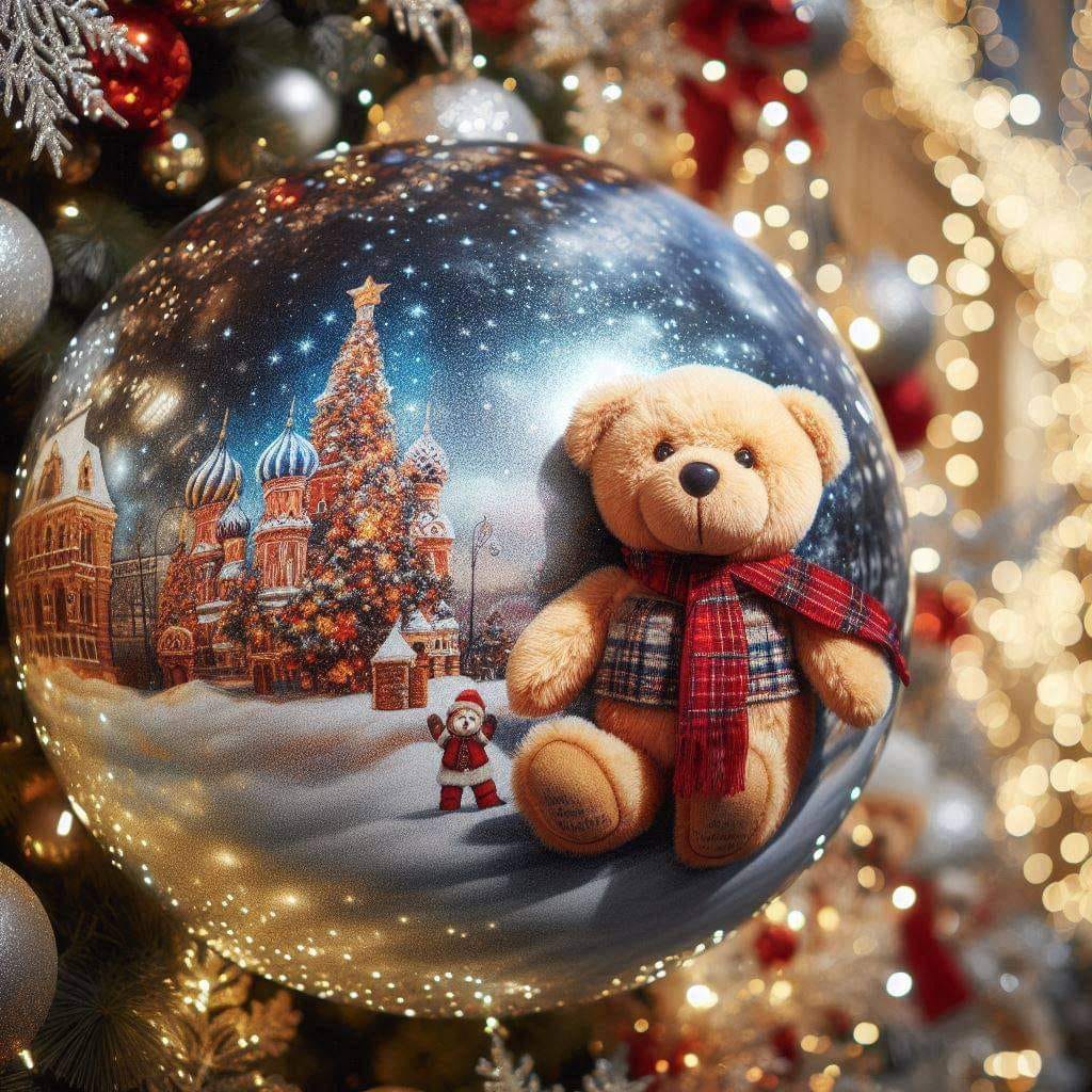 Christmas ornament with a teddy bear, snowy village scene, and warm holiday lights
