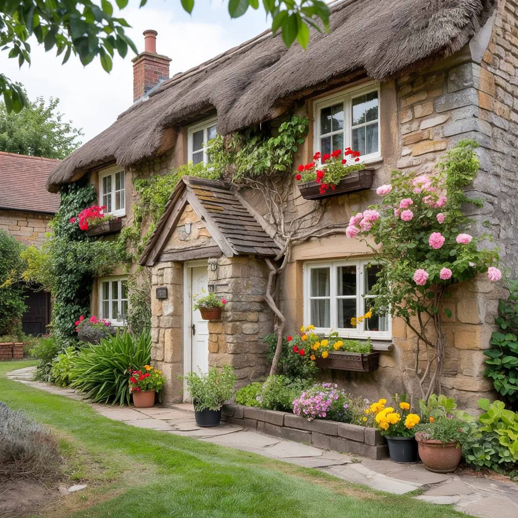 Traditional English stone cottage with thatched roof and flowering gardens