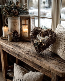 Rustic window scene with candles, heart wreath, pinecones, and pillows beside a snowy view