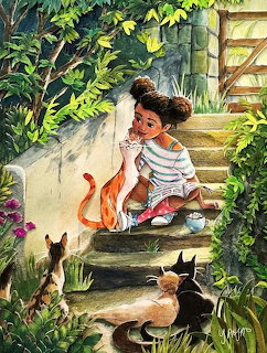 Girl sitting on outdoor stairs petting orange cat, with black cats nearby and green plants around