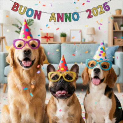 Golden retriever, French bulldog, and beagle in party hats and glasses under a Buon Anno 2026 banner