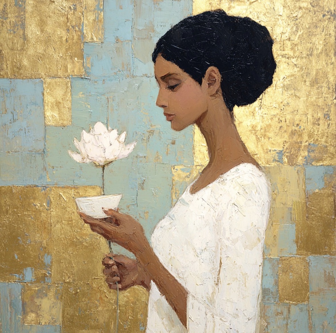 Profile painting of a woman in white holding a white flower before a blue and gold background