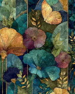 Textured illustration of colorful flowers, leaves, and a butterfly in blue, green, gold, and purple tones