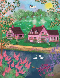 Pink cottages in spring meadow with flowering trees, swans swimming in pond, blue sky and sun above