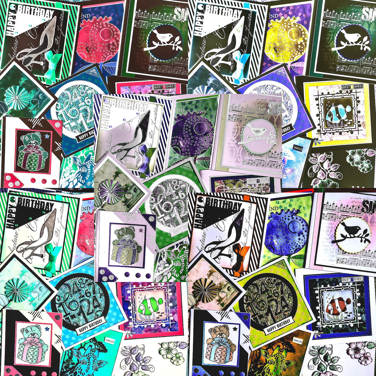 Collage of colorful postage stamps with floral and bird motifs in various bright colored frames