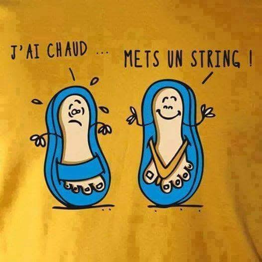 Cartoon drawing of two blue sandals with faces talking to each other on yellow background