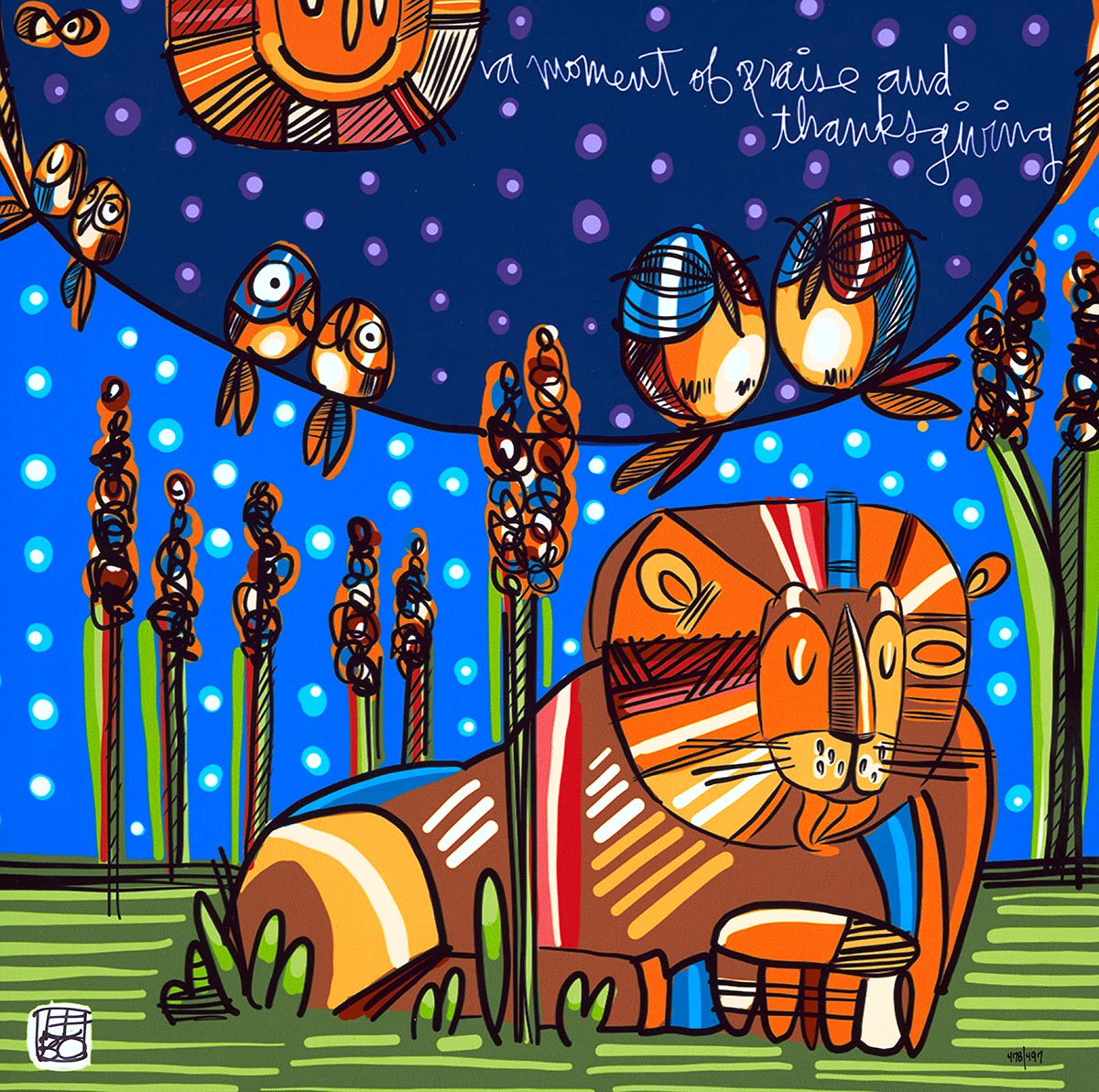 Colorful stylized lion resting in grass with birds and tall flowers on a blue background