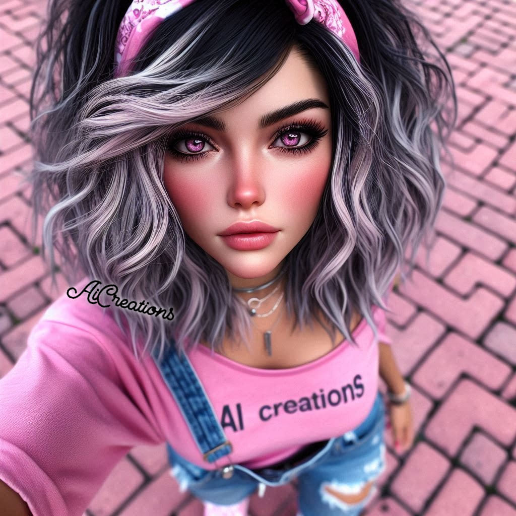 Stylized young woman with wavy gray hair and pink eyes wearing a pink top and denim overalls