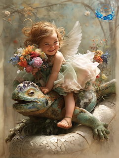 Smiling fairy girl with white wings holding flowers, sitting on a large fantasy lizard
