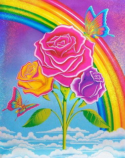 Colorful artwork of roses with rainbow and butterflies in surreal sky scene