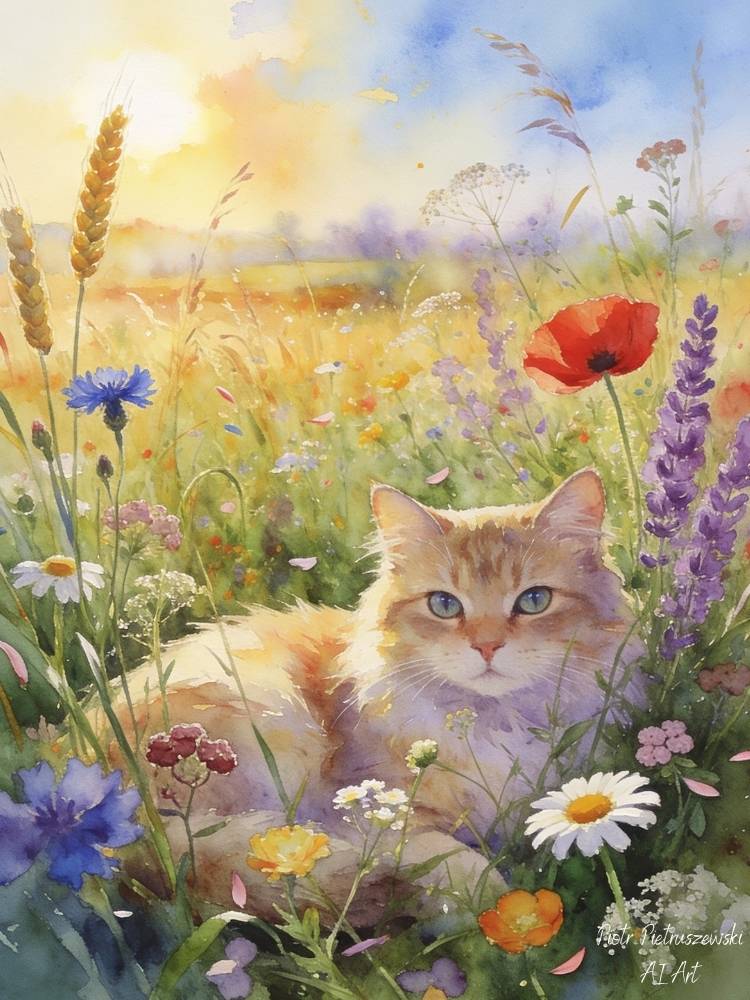 Orange tabby cat surrounded by wildflowers in sunny meadow with wheat stalks and purple lavender