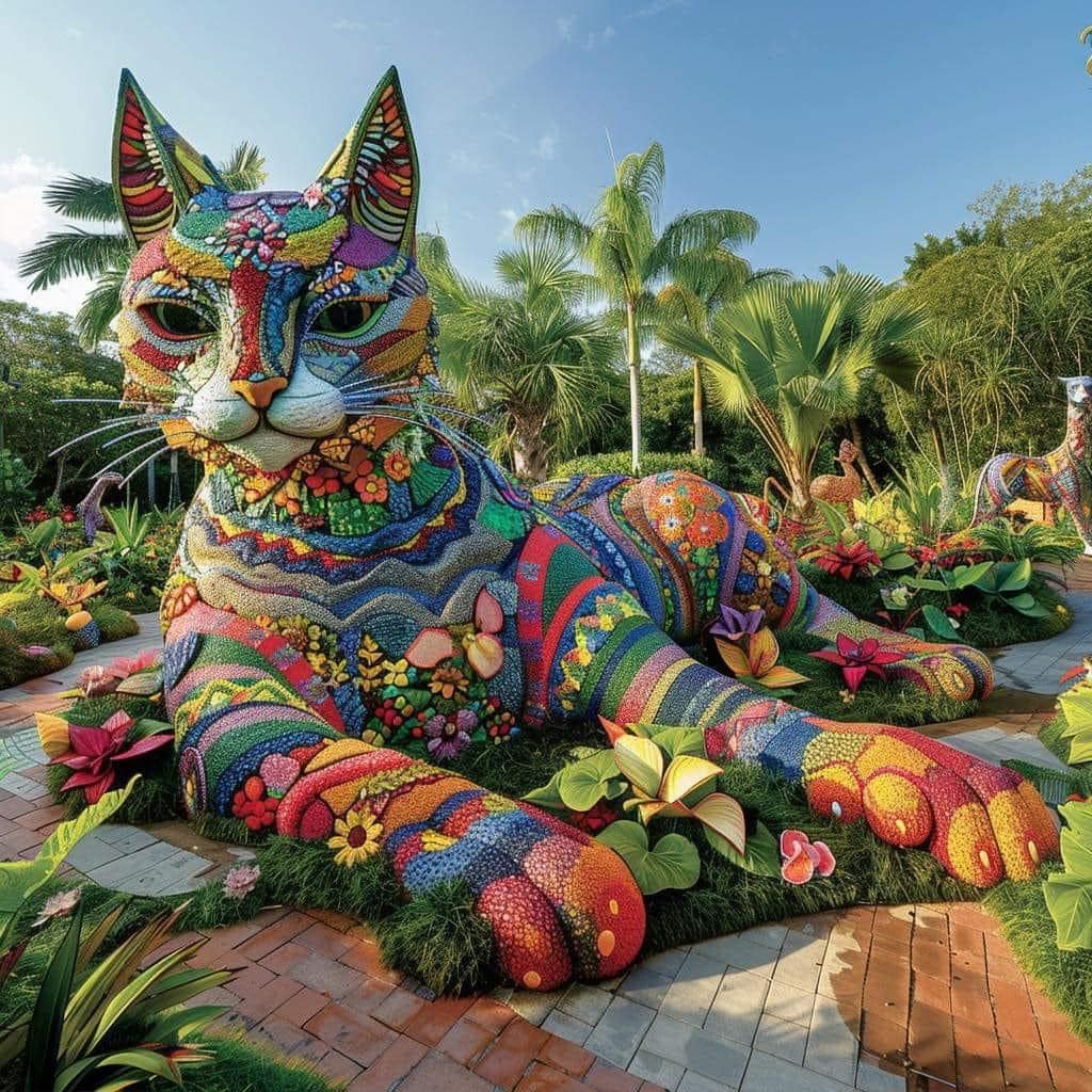 Mosaic cat statue with multicolored tile patterns in tropical garden