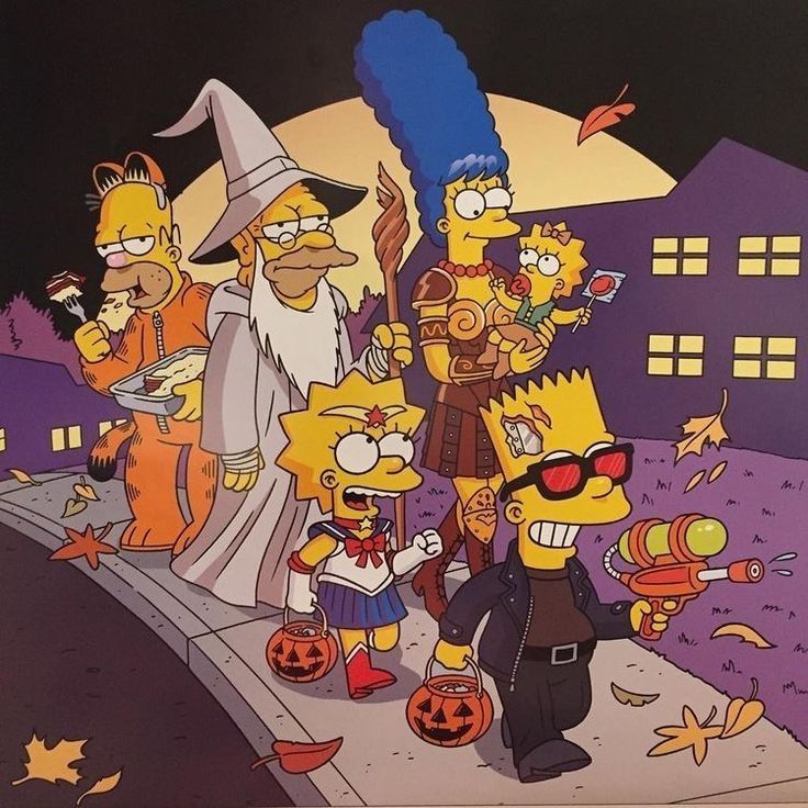 The Simpsons family dressed in Halloween costumes holding trick-or-treat buckets and jack-o'-lanterns