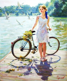 Girl with Bicycle by Lake