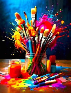 Glass jar full of paint brushes with colorful paint splashing in all directions on a mesy table