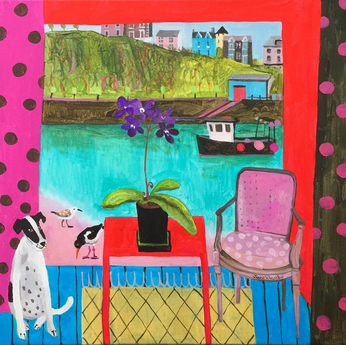 Folk art interior with spotted dog, orchid plant, pink chair overlooking turquoise canal with boats and cityscape