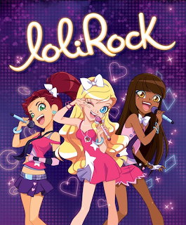 ThreeLoliRock animated girls singing with microphones on a purple sparkly background