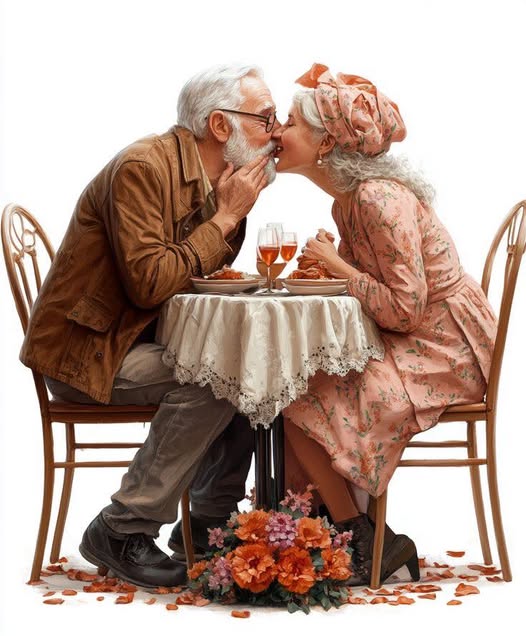 Elderly man and woman kissing at a dinner table with wine glasses and orange flowers